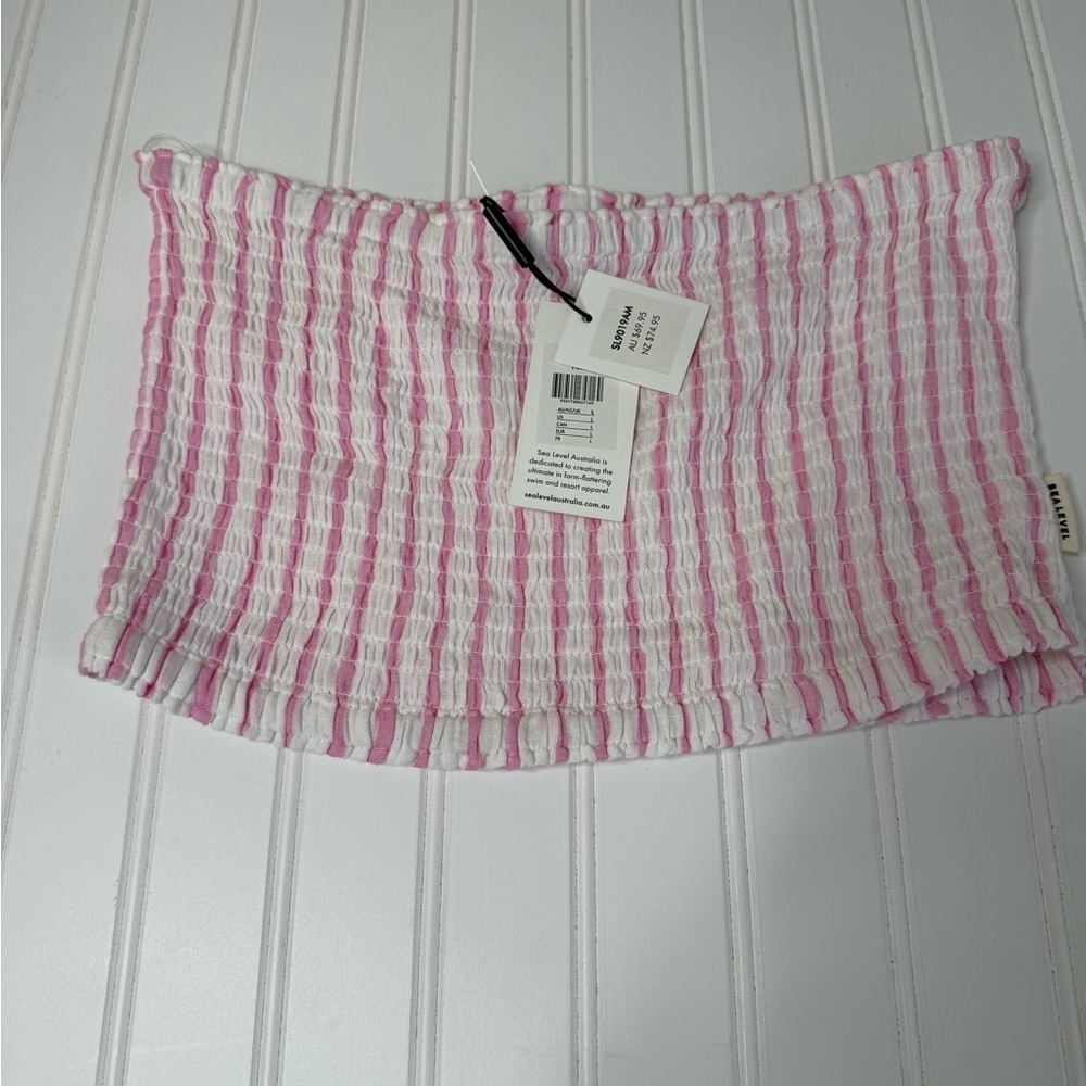 Sea Level Smocked Bandeau Womens Top Pink White Striped Large NEW 1644